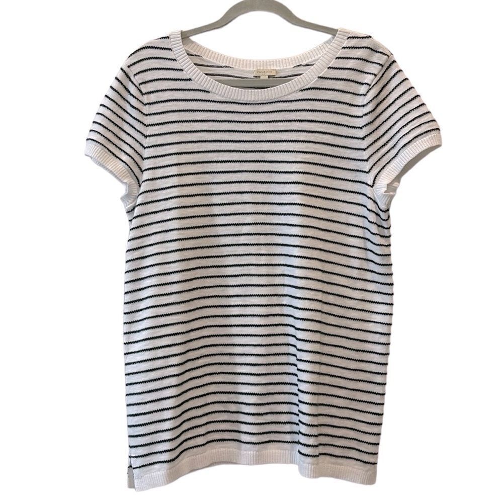 NWT Talbots Striped Cap Sleeve Button Back Long Lined Sweater Short Sleeve M‌